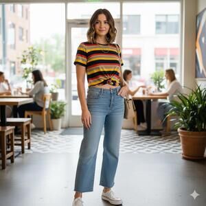 GAZE - Retro Striped Twist Front Knot Tee Navy Red Yellow Gray - Small